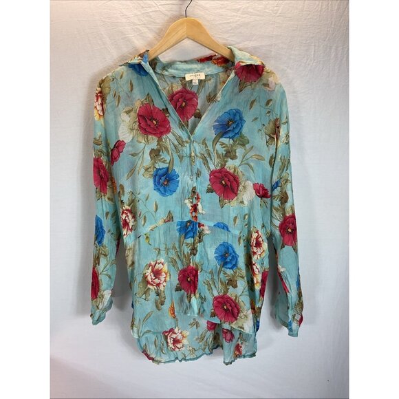 Umgee Tops - Umgee Floral Button Tunic Top Large Roll Tab Sleeve Lightweight sheer Spring